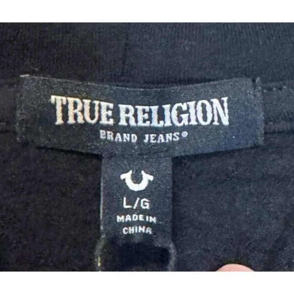 True Religion Men's Sweater Hoodie Contrast Panel Pullover Logo Black Large‎ NWT